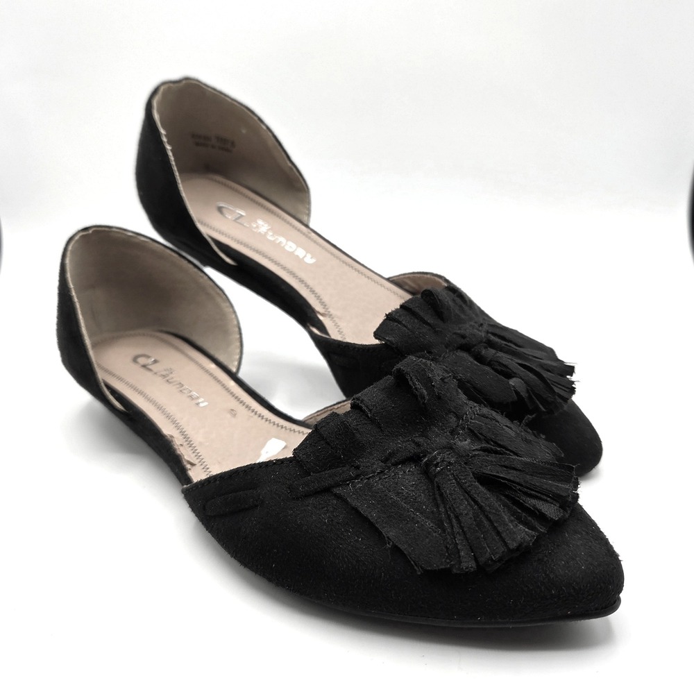 CL by Laundry Black Faux Suede Fringe Tassel‎ d'Orsay Pointed Toe Flats Size 7M
